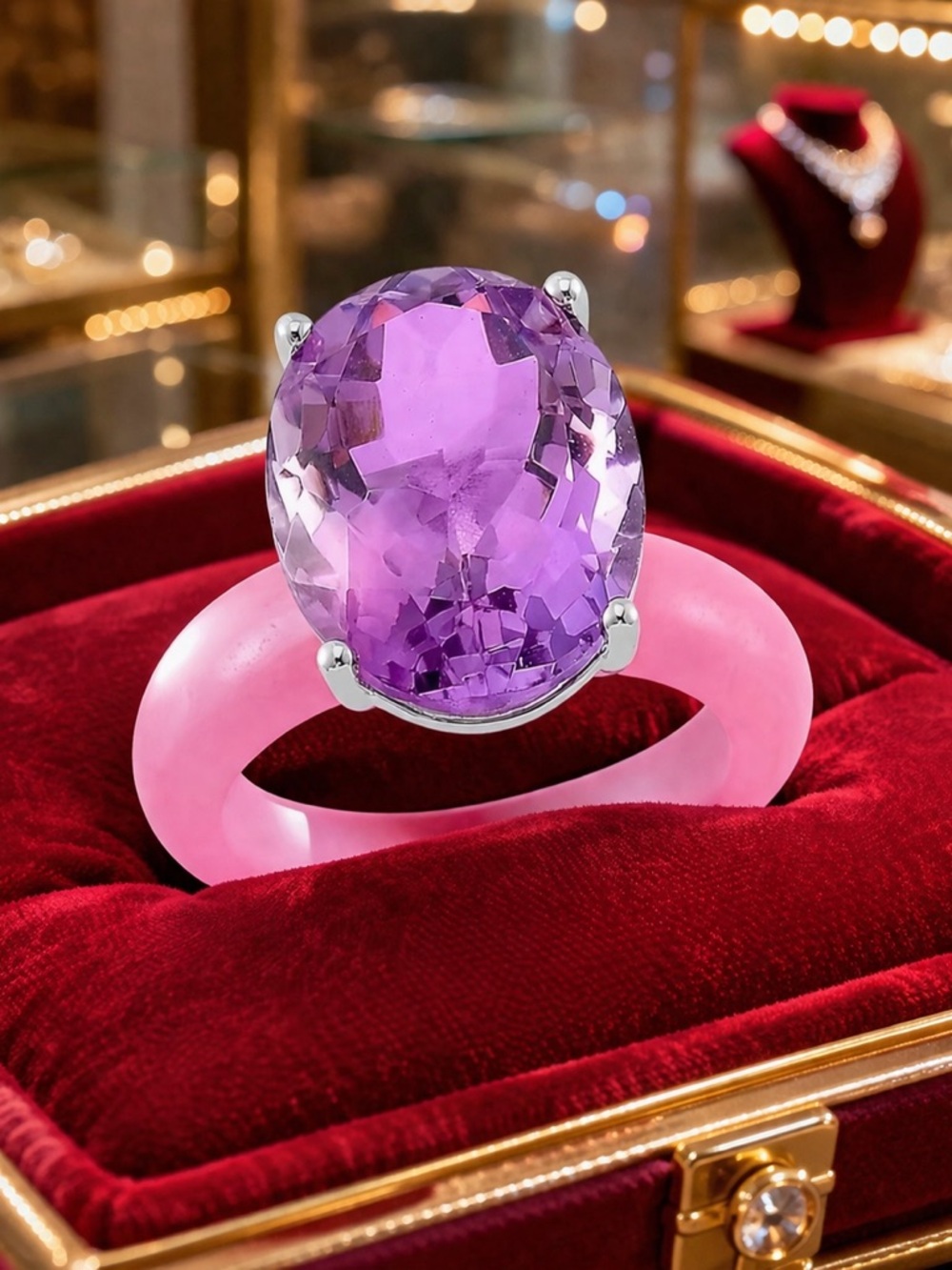 Rose De France Amethyst and Genuine Pink Jadeite Jade Ring Size 10 . 925 Silver